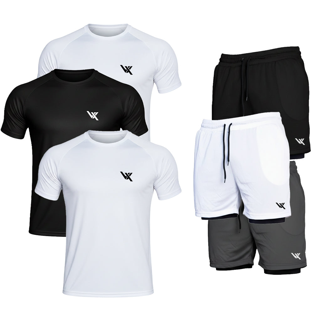3 Camisas Dry Tech + 3 Shorts Duplos de Compressão