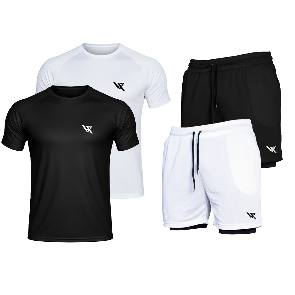 2 Camisas Dry Tech + 2 Shorts Duplos de Compressão